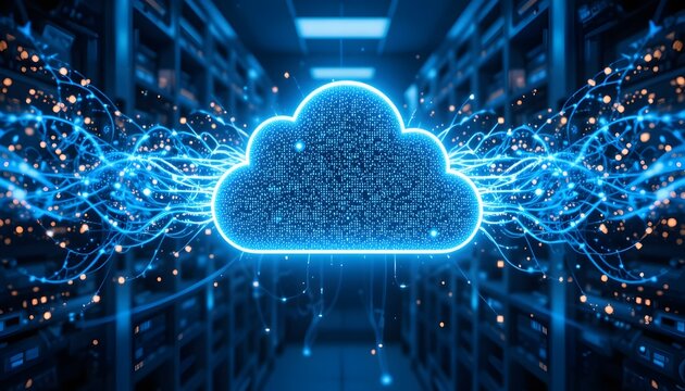 Futuristic 3D data flow from server storage to glowing blue cloud icon, neon particle streams, volumetric lighting, ultra-clean corporate technology concept, symmetrical digital infrastructure render - Powered by Adobe