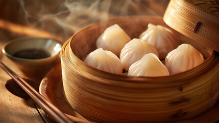 freshly steamed dim sum dumplings, translucent skin, subtle steam rising, arranged in traditional bamboo steamer basket