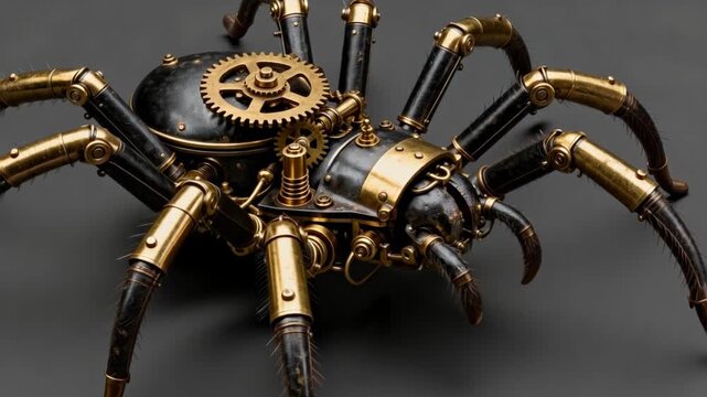Steampunk-themed mechanical spider featuring detailed brass gears, metallic components, and a futuristic design. The dark background enhances the intricate craftsmanship and industrial aesthetic.