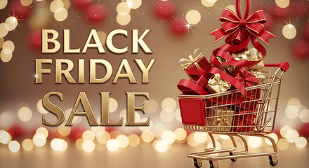 Black Friday sale sign with a golden shopping cart and red ribbon on a festive backdrop symbolizing 57877438 1