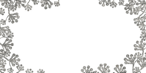 Silver winter flowers and a silver border frame the isolated PNG illustration. The silver snow particles create a winter backdrop for holiday-themed projects, ads, and design wedding flyers.