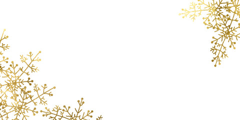 Gold frame. Gold winter flower and stars border the isolated PNG illustration. Snow particles create a magical winter backdrop for holiday projects,ads.