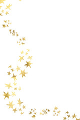 Various naive stars are golden foil. Golden geometric figures stars border the isolated PNG illustration. Stars particles create a magical winter backdrop for holiday projects and ads.