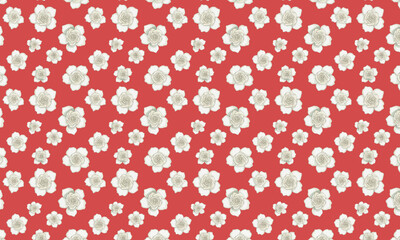 White floral pattern on red background, seamless repeat art decor