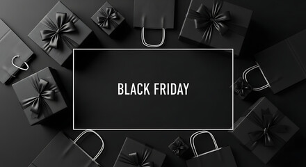 Black friday concept Top view photo of black gift boxes with ribbon bows and paper bags on isolated 44361567 1