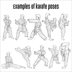 bundle of clean line art illustrations of karate moves
