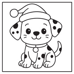Cute Christmas Puppy Coloring Page. A festive Dalmatian dog wearing a Santa hat in a simple square outlined illustration for kids.
