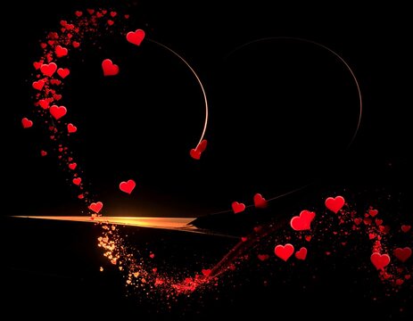 A dark background with an abstract design of floating red hearts and light