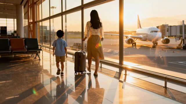 Woman and young child walking in an airport terminal with a suitcase, illuminated by warm sunset light. Airplane parked outside the large glass windows, creating a travel-themed scene.