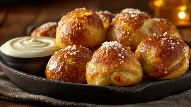 warm soft pretzel bites, baked golden-brown, stuffed with jalape&ntilde;o and cheddar, coarse salt flakes on top, served with cheesy dip