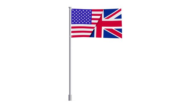 Animated design of the United States and England flags on a waving white flagpole against a white background.