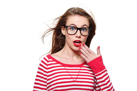 Woman, surprise and glasses in studio portrait for deal, wow and mockup space with sale on white background. Person, announcement or cover mouth with gasp for secret, reaction and discount in Canada