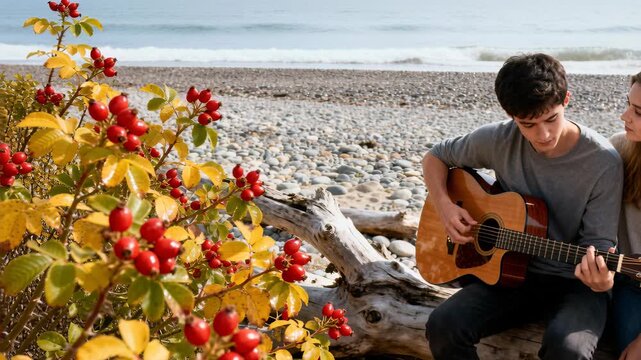 Young couple enjoying a serene moment by the beach, seated on driftwood. The man plays an acoustic guitar while the woman listens. Vibrant autumn leaves and red berries frame the scene.