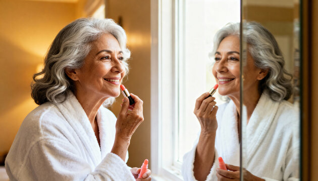 Smiling senior woman with gray hair applying lipstick in the mirror. Mature lady enjoying her morning beauty routine at home. Self-care and positive aging concept