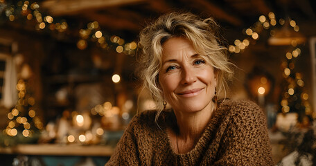 Portrait, smile and woman with Christmas in home, holiday happiness and festive season in December. Xmas time, positive spirit and excited mature person with winter sweater, vacation and decorations