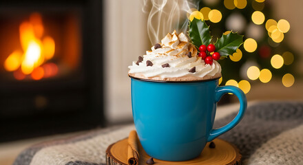 Blue mug of hot chocolate with whipped cream cinnamon chips and festive holly for a cozy holiday sce 95771537 1