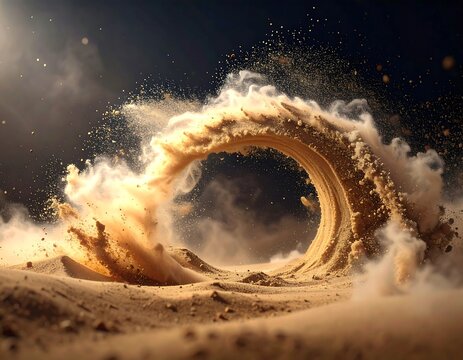 Swirling tan sand creates a vortex shape against a dark sky, with specks of gold adding texture