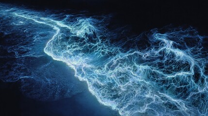 Luminescent blue energy stream flows across a dark, textured background