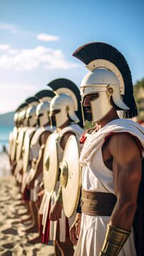 Line of Ancient Warriors Standing on the Shore with Shields and Helmets Under a Sunny Sky