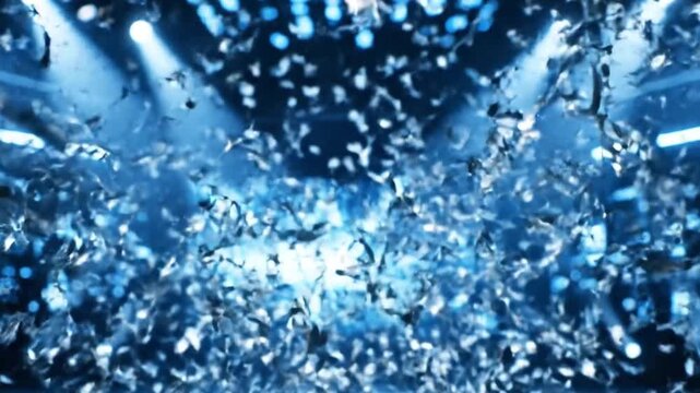 Confetti Shower Celebration:  A mesmerizing visual display of shimmering confetti raining down in an atmosphere of elation, illuminated by vibrant spotlights.  