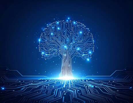 A digital tree formed from circuit boards with glowing lines on a blue background