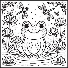 Cute Frog Coloring Page in Floral Frame. A happy little frog surrounded by flowers and leaves, perfect for kids' coloring activities
