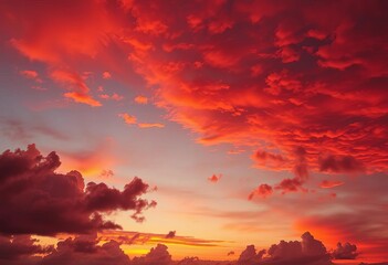 Fototapeta premium Fiery sky bleeds into twilight, painting clouds in vibrant hues of crimson and gold, horizon, sunset