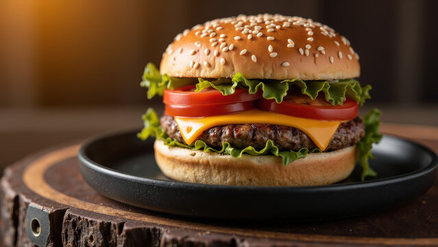 Juicy hamburger with sesame seed bun, fresh lettuce, ripe tomatoes, and melted cheese, served wooden plate, evokes deliciousness and satisfaction