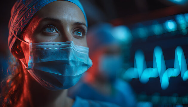Anesthesiologist watches patient vitals on monitor during surgery. Medical team works in hospital operating room. Female doctor in scrubs, mask observes EKG cardiogram screen showing heartbeat pulse. - Powered by Adobe