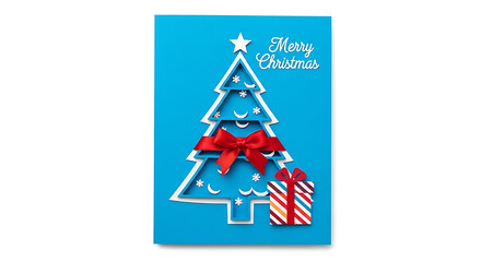 Blue vertical greeting card features a layered pine tree cutout ribbon and a striped gift perfect fo 67149224 1
