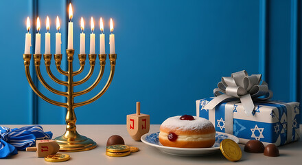 Blue wall backdrop frames a golden menorah with lit candles a wrapped gift dreidel coins and a donut 62862541 1