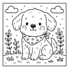 Cute Puppy Coloring Page. Adorable fluffy dog sitting in the garden with scarf, plants, clouds and small details for kids activity or printable sheet.