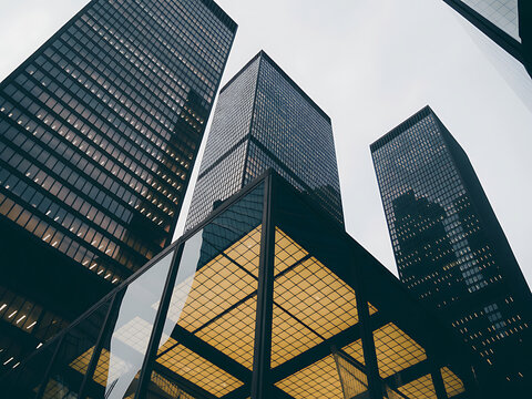 Modern glass skyscrapers reaching into the sky, low angle view - Powered by Adobe