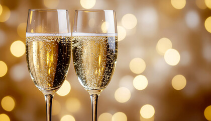 Close-up of two champagne glasses with rising bubbles, golden reflections, soft warm bokeh lights in the background, luxury celebration atmosphere, elegant party mood.