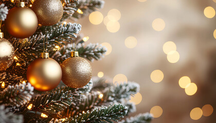 Stylish Christmas decorations on pine branches, gold and red baubles, sparkling bokeh light trails in the background, festive soft focus, warm inviting holiday atmosphere