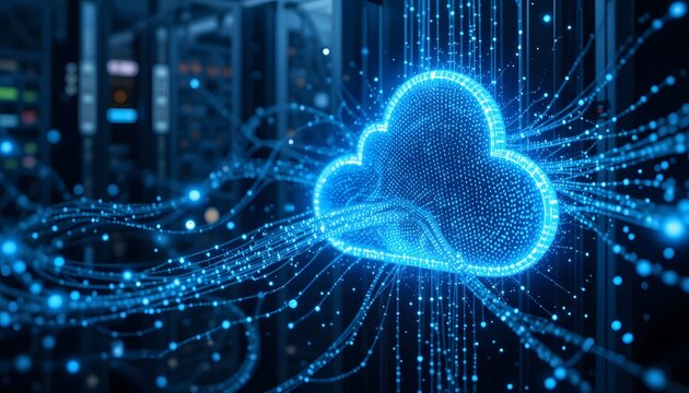 Futuristic 3D data flow from server storage to glowing blue cloud icon, neon particle streams, volumetric lighting, ultra-clean corporate technology concept, symmetrical digital infrastructure render - Powered by Adobe