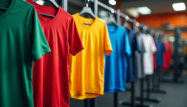 Colorful collection of athletic t-shirts hanging on display racks in a modern gym environment, showcasing vibrant hues and active lifestyle apparel with copy space