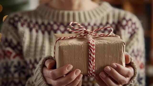 Close up of hands holding a rustic wrapped gift with twine for winter holiday giving themes
