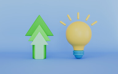 Light bulb with up arrows, Creative innovation and strategy analysis 3d illustration