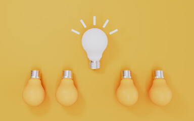 Light bulb yellow outstanding among lightbulb white, Idea and innovation 3d illustration