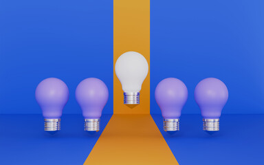 Light bulb yellow outstanding among lightbulb white, Idea and innovation 3d illustration