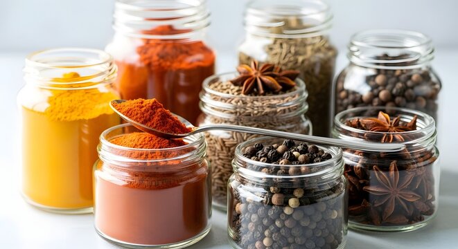 Assorted spices in jars turmeric paprika cumin star anise pepper flavor aroma culinary ingredient