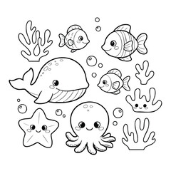 Cute Ocean Animals Vector Set with Whale Fish Octopus Starfish and Coral