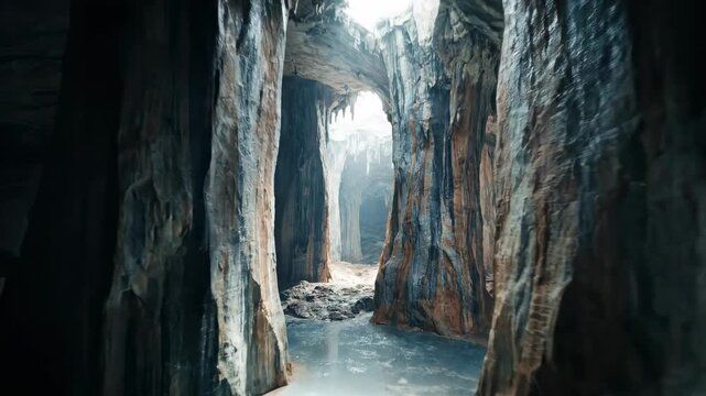 Natural light streams through a stone cavern as a cascade falls over ancient rocks into a mountain river within this hidden canyon landscape