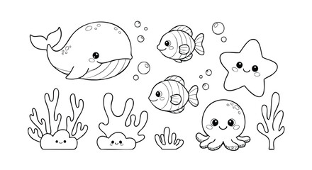 Cute Ocean Animals Vector Set with Whale Fish Octopus Starfish and Coral