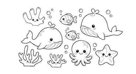 Cute Ocean Animals Vector Set with Whale Fish Octopus Starfish and Coral
