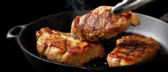 A perfectly seared piece of meat is held with tongs, with smoke rising in the air, highlighting the cooking process in a culinary setting