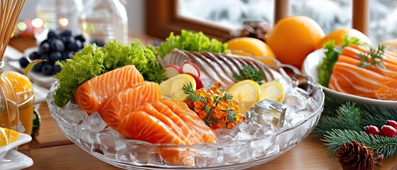 A beautifully arranged seafood platter features fresh fish served on ice, complemented by slices of citrus fruits and garnishes