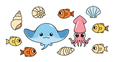 Cute Ocean Animals Vector Set with Stingray Squid Fish and Seashell