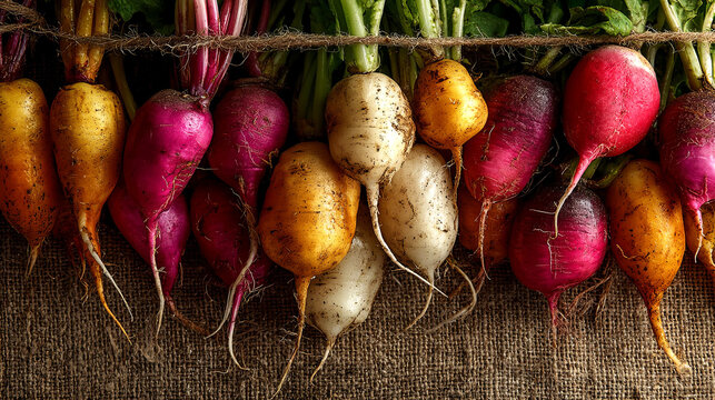 Colorful assortment of fresh radishes in various hues, including purple, red, yellow, and white, arranged on a rustic burlap background, showcasing vibrant organic produce